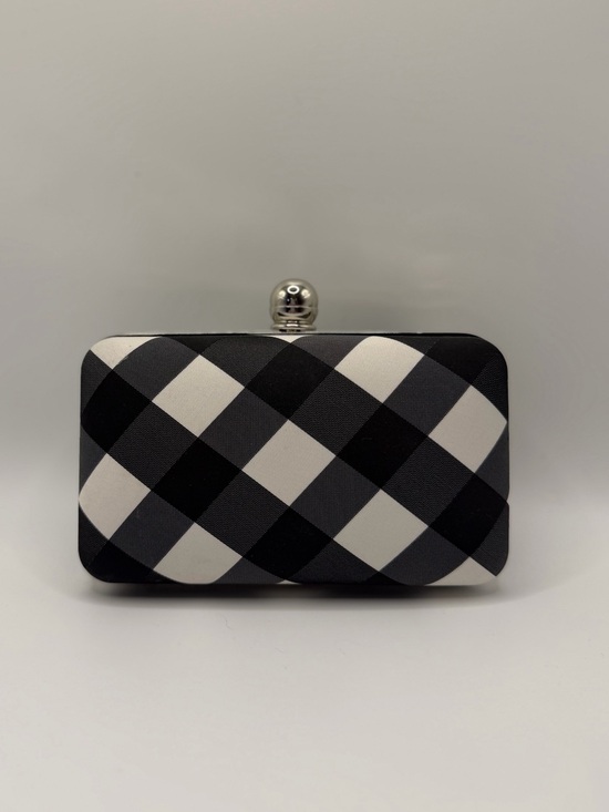 Talbots Handbags - Black and White Checkered Convertible Box Clutch with Silver Chain Strap